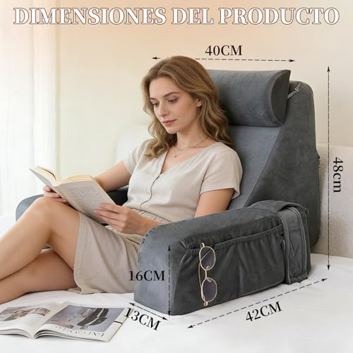 OWHDJH Respaldo para Cama con Reposabrazos y Bolsillos, Almohada de Lectura, Funda Lavable, Almohada para Espalda de Soporte Lumbar para Leer, Relajarse, Mirar Televisión, Jugar, para Adultos