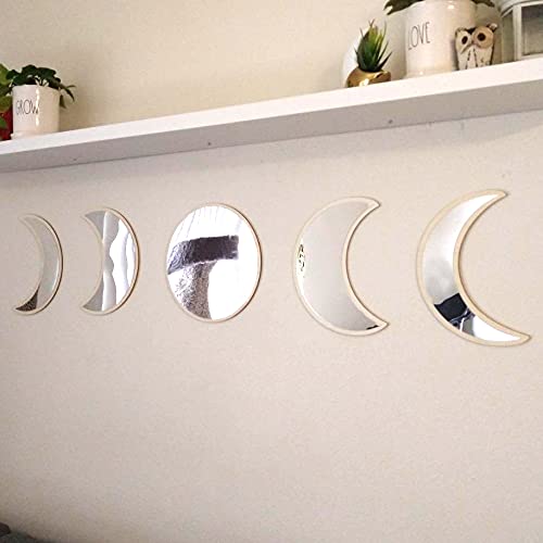G.Dori Acrylic Moon Phase Mirror Set (5 PCS), Scandinavian Natural Moonphase Decor Bohemian Moon Mirror, Wall Decor for Living Room Bedroom, Punchless --Not Actual Mirror-- Natural