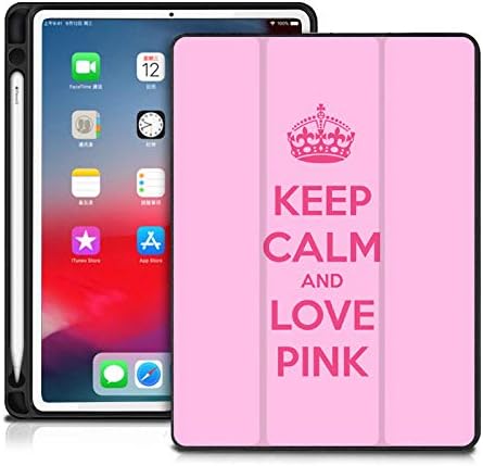 DistinctInk Case Compatible with iPad Pro 12.9" (Third Gen) - Custom Case/Stand with Apple Pencil Holder - Auto Sleep/Wake - Printed - Keep Calm and Love Pink
