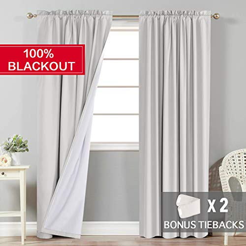 100% Blackout Window Treatment Rod Pocket Curtains Waterproof Thermal Insulated Window Drapes with White Backing (2 Panels Set), 52 by 96 Inch, 2 Bonus Tie-Backs (Best Thermal Window Treatments)