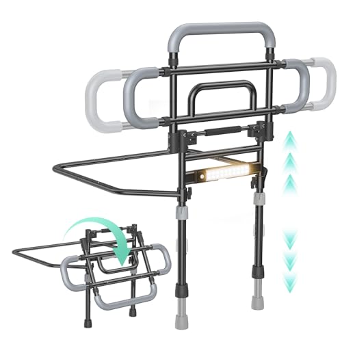 Bed Rails for Elderly Adults Safety, 180° Foldable Bed Rail with Adjustable Height & Width, 350lb Load, Extra-High Design, Wide Base, LED Light & Storage Pockets – Fits King/Queen/Full/Twin Beds