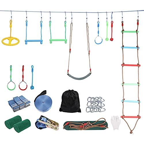 RedSwing Ninja Warrior Obstacle Course for Kids, Monkey Bars Kit for Child Outdoor, Slackline line with 17 Piece Climbing and Hanging Swing Set, Easy to Assemble