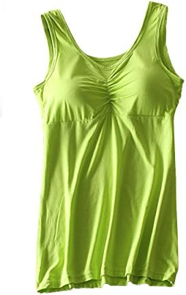 Foxexy Womens Ruched Removable Built in Bra Thick/Thin Pads Cotton Sport Yoga Active Fitness Cami Tank Tops Green One Size