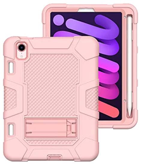 iPad mini6 2021 Case with Stand, Heavy Duty Shockproof Hard Hybrid Triple Layer Protective Case Softshell Apple Tablet Silicone Case (Rose Gold)