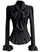 PrettyGuide Women Stand-Up Collar Lotus Ruffle Shirts Blouse Bow Black US L