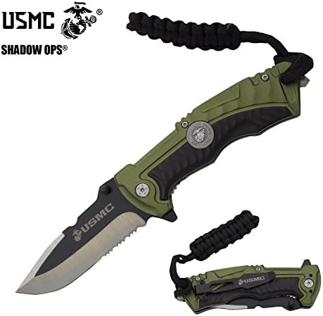 USMC Officially Licensed US Marines Green & Black Ball Bearing Action Blade Tactical Rescue Knife Belt Case