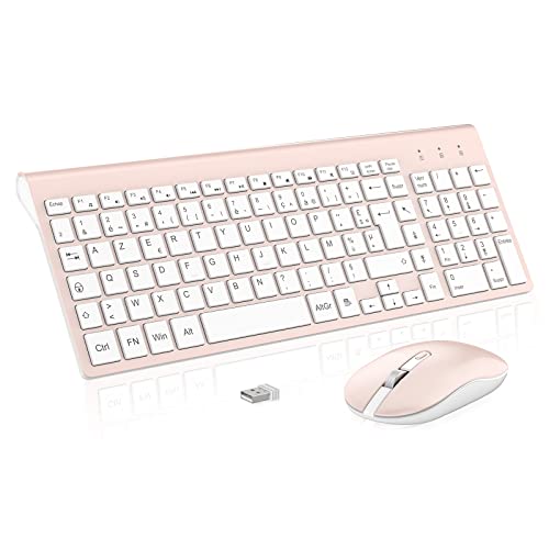 cimetech Clavier Souris sans Fil, AZERTY Français Clavier, Ultra-Fins Silencieux Clavier et Ergonomique Souris Combo, Connexion 2.4 GHz, pour PC/Portable/Ordinateur (Rose)