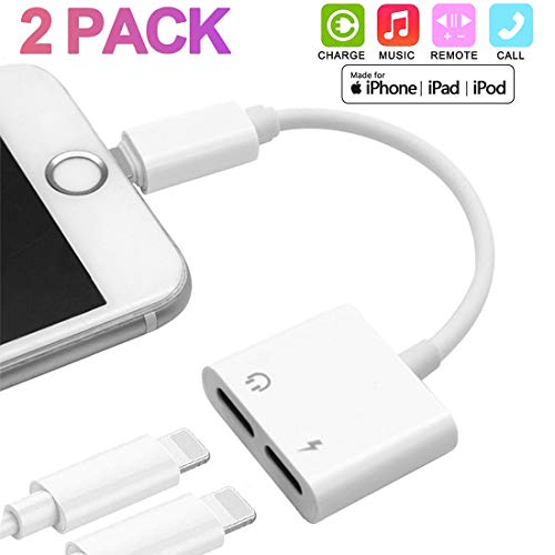 Headphone Adapter [2 Pack] for iPhone Xs/Xs Max/XR/8/8 Plus/X/7/7 Plus Adapter Audio & Charger & Call & Volume Control & Sync Cable for iPhone Dongle Connector 2 in 1 Splitter Adapter Support All iOS
