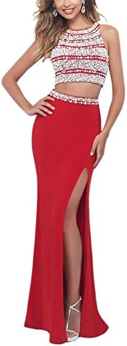 Miss Chics Beading Two Pieces Long Formal Dresses For Women Prom Gowns 2016(8,Red)