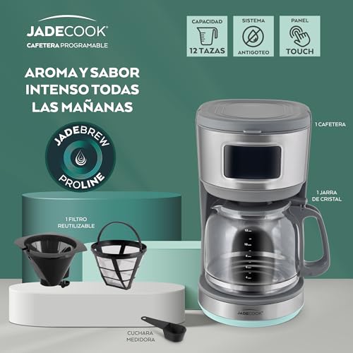 JadeCook Jade Cafetera Programable de Goteo 12 Tazas, 1.8 L, Panel Touch, Sistema Antigoteo, Jarra de Cristal, Color Plateado C0545-00