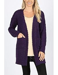 Boho - Chaqueta de manga larga suave y cálida con punto abierto frontal de palomitas   Suéter acogedor casual con bolsillos