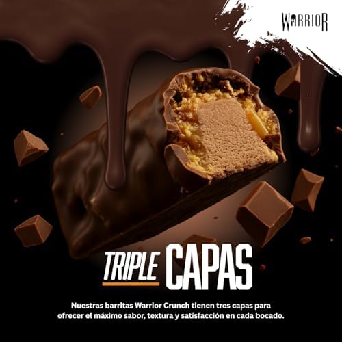 Barritas ricas en proteínas Warrior Crunch 20 g - Barritas bajas en azúcar/carbohidratos - Pack de 12 x 64 g - Consumir en el desayuno, después del entrenamiento (Chocolate negro y cacahuete)