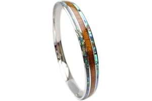 ALOHA PASSION 316L Stainless Steel Comfort Fit Natural Koa Wood And Abalone Paua Shell Stripe Inlay Hawaiian Curved Top Bangle Bracelet (Width: 8mm, 10mm) (Size: 7.5", 8", 8.5")