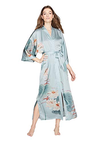 Old Shanghai Women's Kimono Robe Long - Watercolor Floral, Maren- Whisper Blue