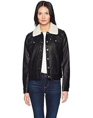 Women's Classic Faux Leather Sherpa Collar Trucker Jacket!