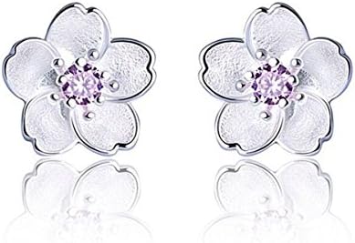 Angel Dream Cherry Flower Ring S925 Sterling Silver Ring Opening Ring/ Cherry Blossom Necklace Sets (Purple Earring)