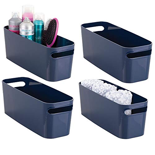 mDesign Bathroom Vanity Plastic Organizer Storage Bin Tote with Handles for Health and Beauty Products, Shampoo Bottles, Lotions, Hand Towels, 4 Pack - Navy Blue