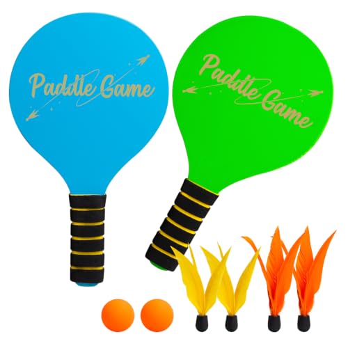 INPODAK Beach Bat and Ball Set, Kids Wooden Paddle Ball, Beach Ball Racket Set, Wood Racket Game- 2 Paddles 4 Birdies 2 Balls, Garden Family Game Toys for Boys Girls Teens Years Old