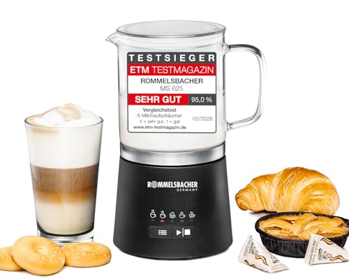 ROMMELSBACHER MS 625 Electric Milk Frother, 500 ml for Mixing, Glass Jug, 250 ml for Foaming, 5 Programmes, Hot & Cold Foam or Stir