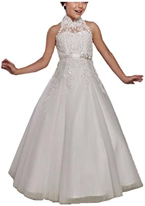DBbeautyshop Girls' Lace Sheer High Neck Flower Girl Dress Long Pageant Gowns 7 White