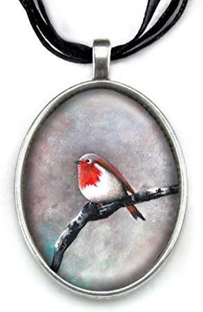 Pendant Necklace Handmade Jewelry Original Art Painting Organza Ribbon Necklace by Artist Carly Landry (Watching Robin)