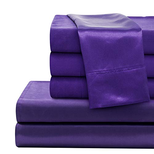 Cobedzy 6 Pcs Purple Satin Sheets Queen Size Soft Silk Satin Bedding