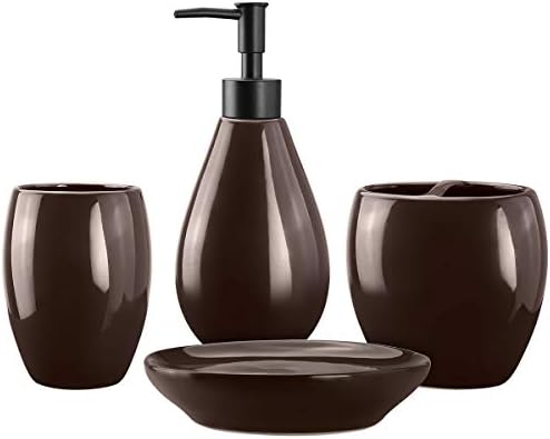 4-Piece Ceramic Bathroom Accessories Set, Bathroom Ensemble Sets for Bath Decor Includes Soap Dispenser Pump, Toothbrush Holder, Tumbler, Soap Dish, Durable Complete Set Bath Organizer (Brown)