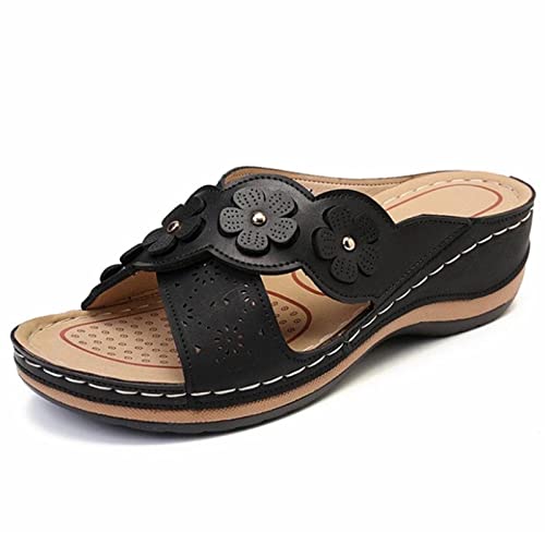 BFAFEN Sandals for Women Dressy Summer Orthotic Arch Support Flip Flops Faux Leather Slippers Wedge Heel Open Toe Sandals