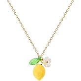 Dainty Yellow Lemon Flower Glass Leaf Pendant Necklace for Women Gold Plated Cute Lovely White Shell Froal Sweet Fruit Adjustable Chain Choker Necklaces Lightweight Hypoallergenic Jewelry