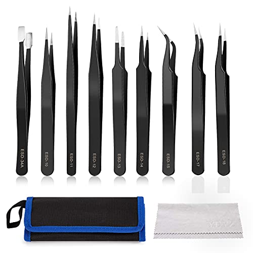 Precision Anti-Static ESD Tweezers Set Kit for Electronics, Sodlering, Jewelry, Craft, Laboratory Work etc (Tweezers with case, Version 1)