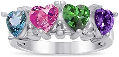 Build Your Ring - Personalized Sterling Silver Four Stone Heart Shape Synthetic Birthstone Ring - Choose Your CZ Stones