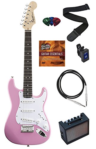 UPC 712392919500, Squier by Fender Mini Strat Electric Guitar Bundle with Amp, Cable, Tuner, Strap, Winder, Picks, Austin Bazaar Instructional DVD, and Polishing Cloth - Pink