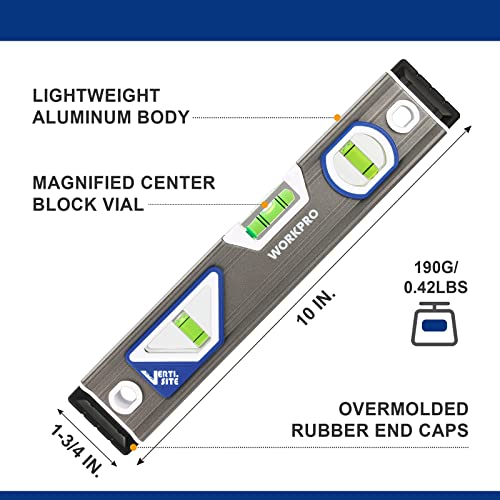 WORKPRO 10 Inch Torpedo Level, Small Leveler Tool, 3 Bubble Vials, Verti. Site, for Conduit Bending, Aluminum Alloy Construction