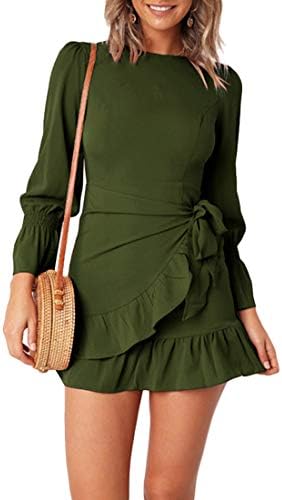 Womens Long Sleeve Round Neck Ruffles Wrap Dresses Party Dress