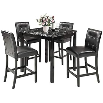 MOOSENG, 5 Pieces Dining Set, Marble Top Counter Height Table and 4 Leather-Upholstered Chairs, Perfect for Kitchen, Breakfast Nook, Living Room Occasions, Black