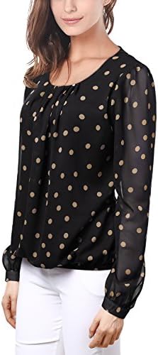 MeiC Women's Scoop Neck Long Sleeve Chiffon Blouse Top Large Black Polka Dot_1