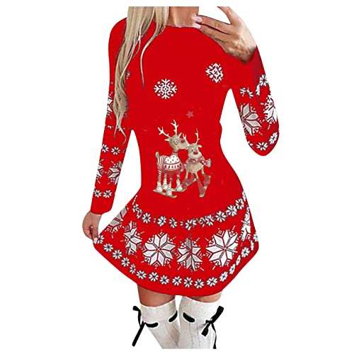 Women's Round Neck Christmas Print Dresses Fashion Long Sleeve