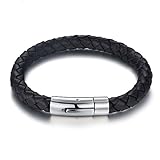 OCEANA&SP Mens Bracelet with Black Leather Stainless Steel Magnetic Clasp 8.5 inch for Mens Womens …