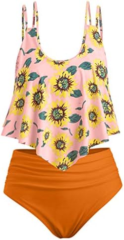 Cenglings Women Sunflower Print Two Pieces Bathing Suits Ruffled with High Waisted Bottom Tummy Control Bathing Suit