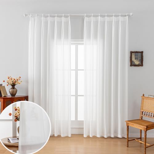 LUGOTAL Semi Sheer Curtains for Living Room Bedroom 1 Panel 96 Inches Long Lightweight Light Filtering Curtains White Sheer Pinch Pleat Window Curtain for Patio Door, 40" W x 96" L