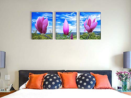 Wall Art Canvas Painting Purple Magnolia Flowers on The Branch Print Picture Modern Home Decor Painting for Living Room（12x16inch x3pcs）