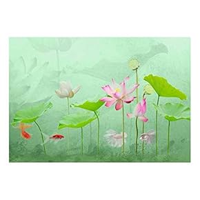 Under The Sea Water Lilies with Gold Fish and Vibrant Green Textured Background - Wall Mural, Removable Sticker, Home Decor - 66x96 inches