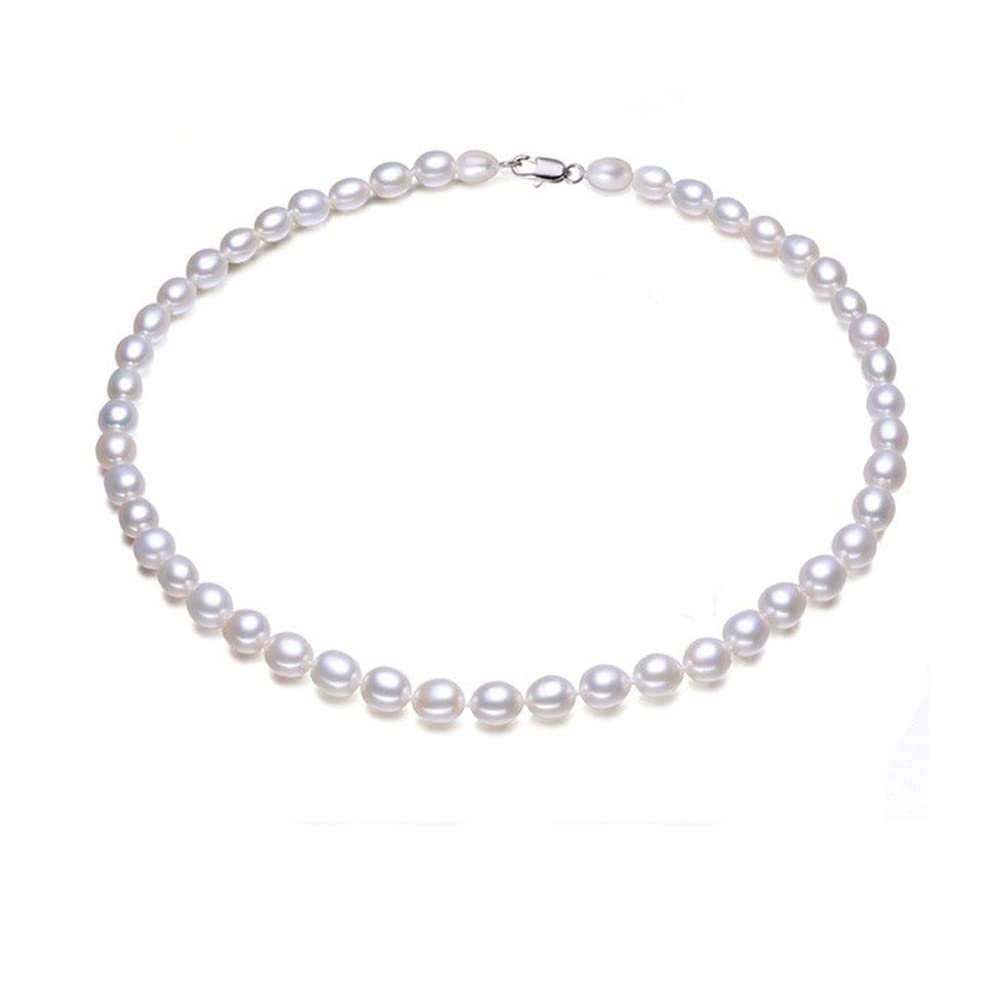 Treasure Bay Women's Pearl necklace - Elegant and Classic 7-8mm Rice Shape Natural Pearl Necklace 46cm Colour Choice White/Pink/Black/Grey/Purple/Multicolour (White)