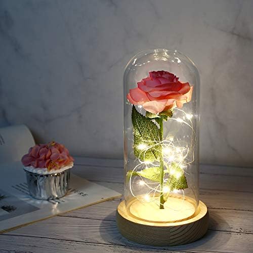 人工バラ 造花 プリザーブドフラワー シミュレーションのバラ 枯れないバラ ガラスギフトボックス入りバラ キラキラなledライト 電池式 暖かい雰囲気を感じさせます 母の日 記念日プレゼント 誕生日 結婚式 バレンタイン 彼女への最高の贈り物 グリーンの葉