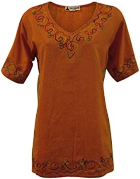 Zen Canyon Orange Multi Cotton Embroidered Side Stripes Blouse Top - Fair Trade (Medium/Large)