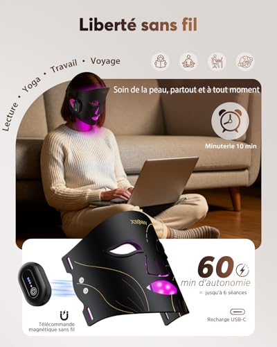 XSSNVV Masque LED Visage Sans Fil, 4 Modes Masque Luminothérapie Lumière Rouge & Infrarouge 850 nm, LED Mask, Télécommande, Autonomie 60 min, Réglable, avec Couvre-yeux, NVV03