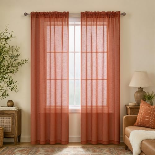 Terracotta Semi Sheer Curtains 84 Inches Long for Living Room 2 Panels Set Rod Pocket Window Decor Faux Linen Drapes Light Filtering Textured Rust Red Curtains for Bedroom 52x84 In Length Burnt Orange