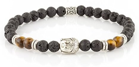 Mens Buddha Charm Beaded Bracelet 6mm Black Lava Rock Tigers Eye Stretchy Spiritual Wristband Men Jewelry