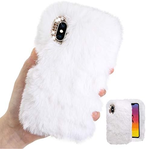 For iPhone XS Max Case [with HD Screen Protector],MOIKY Cute Warm Winter Fluffy Furry Plush Soft Flexible Silicon TPU Case with Bowknot Diamond for iPhone XS Max,White