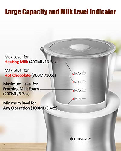 Huogary Milk Frother,4-in-1 Electric Automatic Milk Steamer and Hot Chocolate Maker Machine with Detachable Stainless Steel Milk Jug- Dishwasher Safe, BPA Free